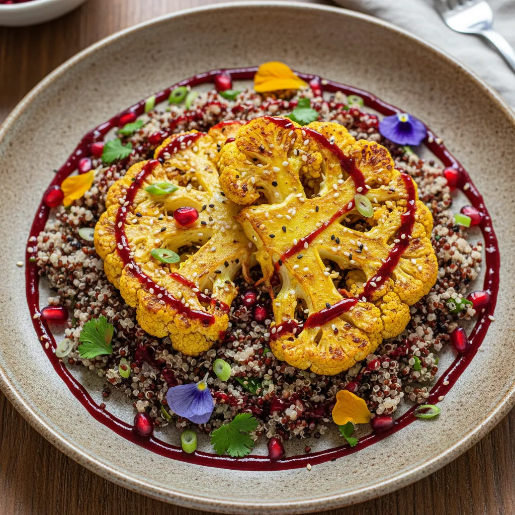 Savory Turmeric Miso Cauliflower Steaks with Quinoa and Pomegranate Drizzle