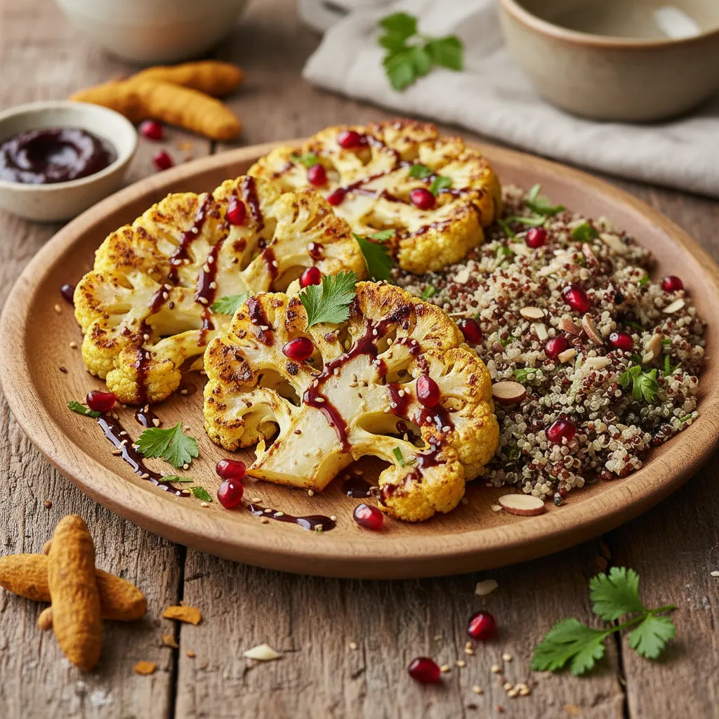 Savory Turmeric Miso Cauliflower Steaks with Quinoa and Pomegranate Drizzle