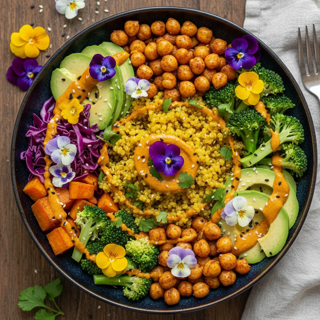 Savory Turmeric and Edible Flower Buddha Bowl with Crispy Chickpeas