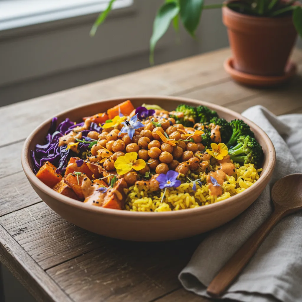 Savory Turmeric and Edible Flower Buddha Bowl with Crispy Chickpeas