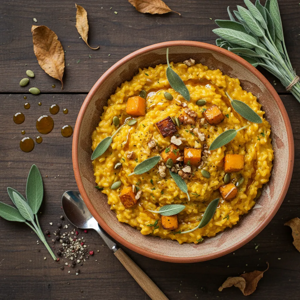 Savory Vegan Pumpkin Sage Risotto with Turmeric Infusion