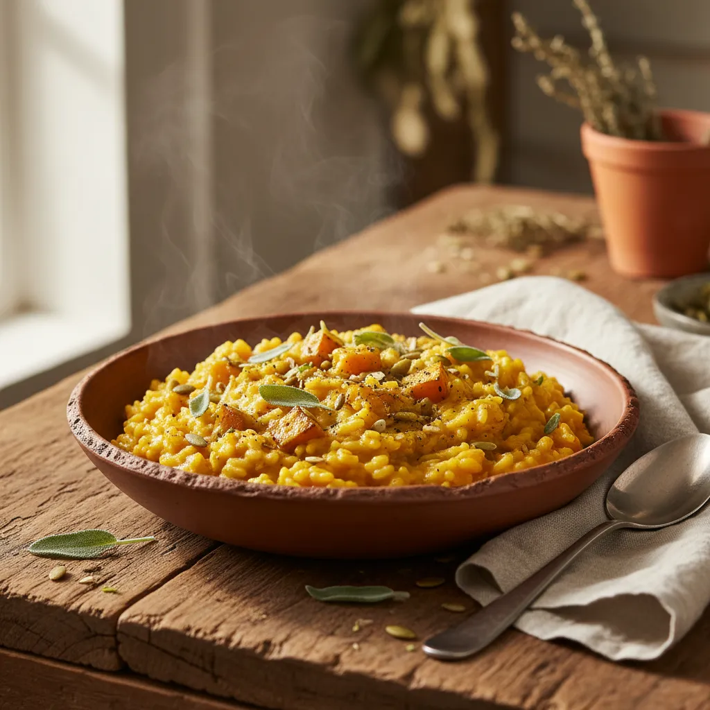 Savory Vegan Pumpkin Sage Risotto with Turmeric Infusion