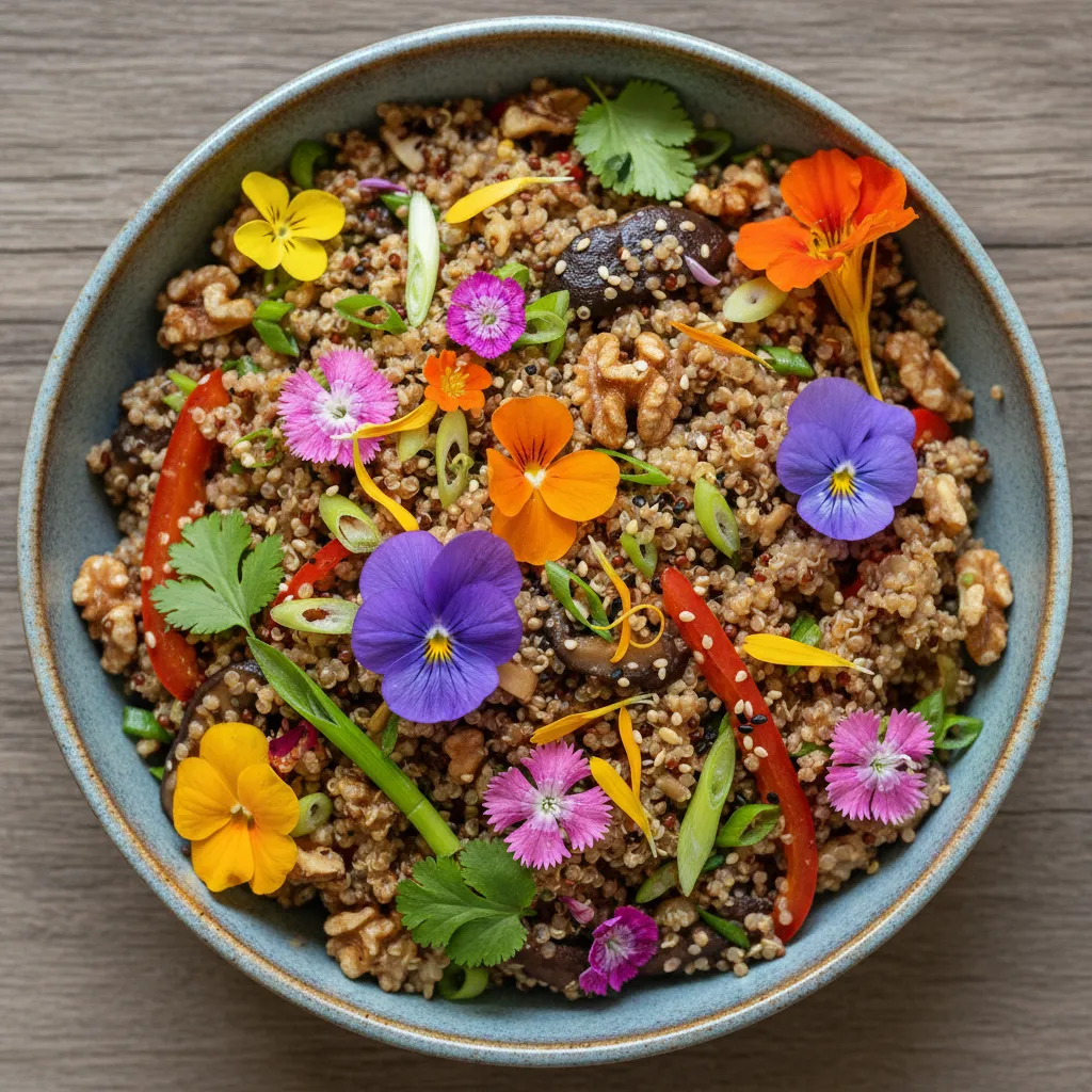 Savory Walnut and Edible Flower Quinoa Stir-Fry