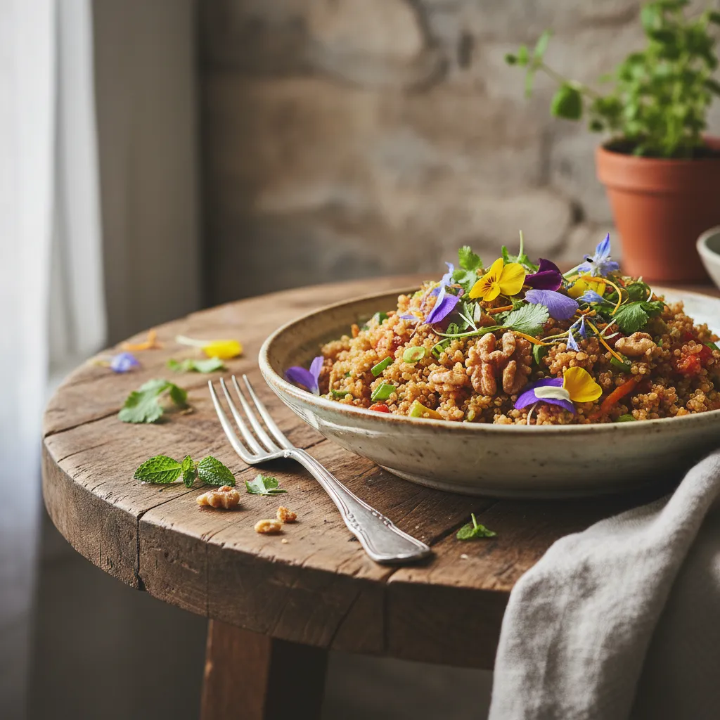 Savory Walnut and Edible Flower Quinoa Stir-Fry