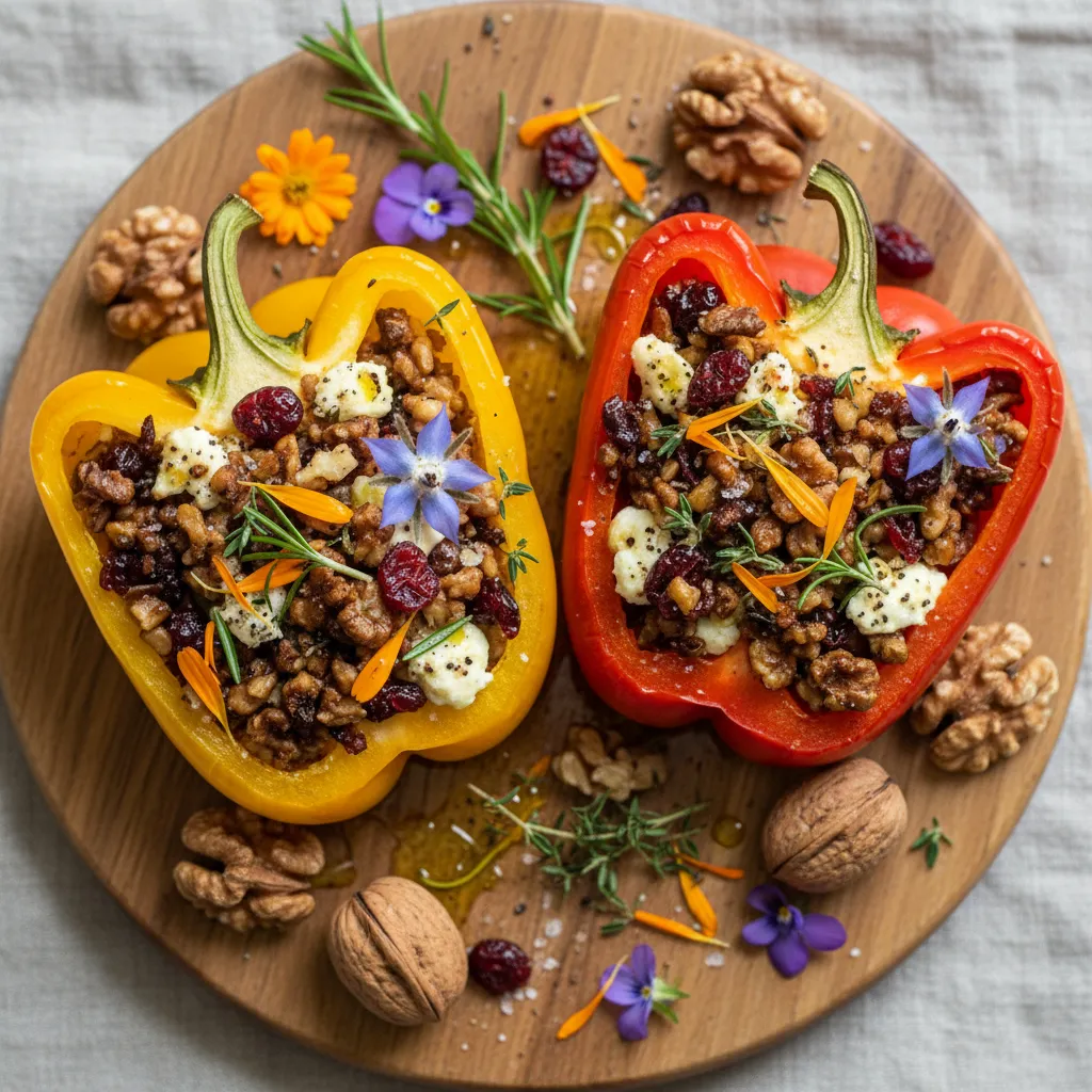 Savory Walnut and Edible Flower Stuffed Bell Peppers
