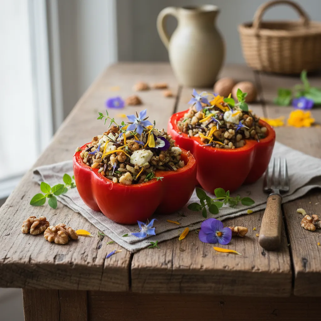 Savory Walnut and Edible Flower Stuffed Bell Peppers
