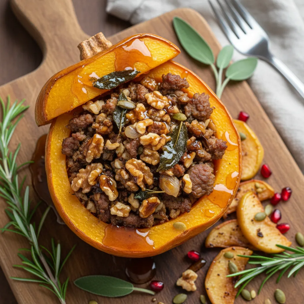 Savory Walnut and Sage Stuffed Acorn Squash with Maple Drizzle