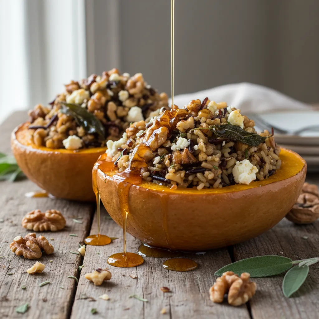 Savory Walnut and Sage Stuffed Acorn Squash with Maple Drizzle