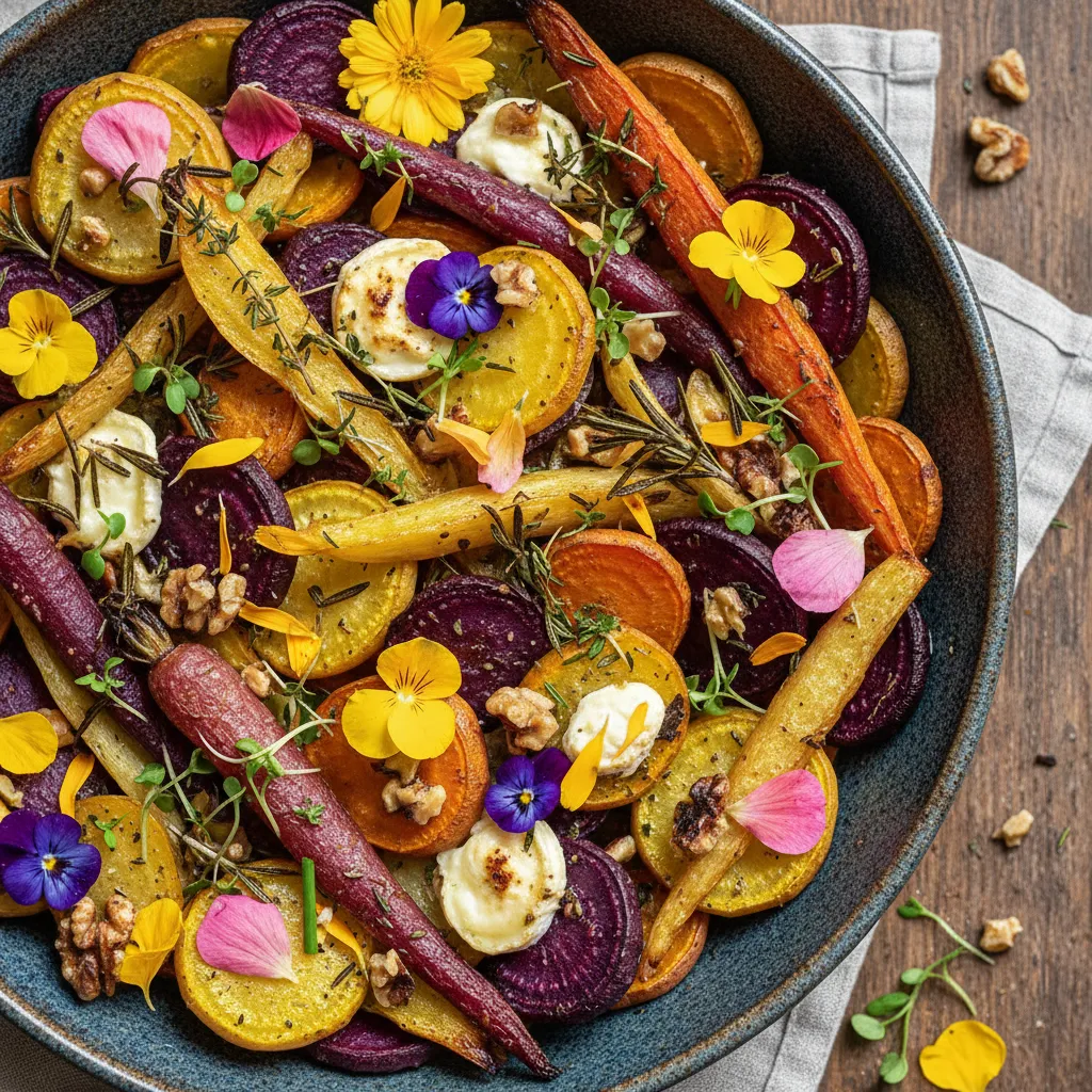 Savory Winter Root Vegetable and Edible Flower Bake