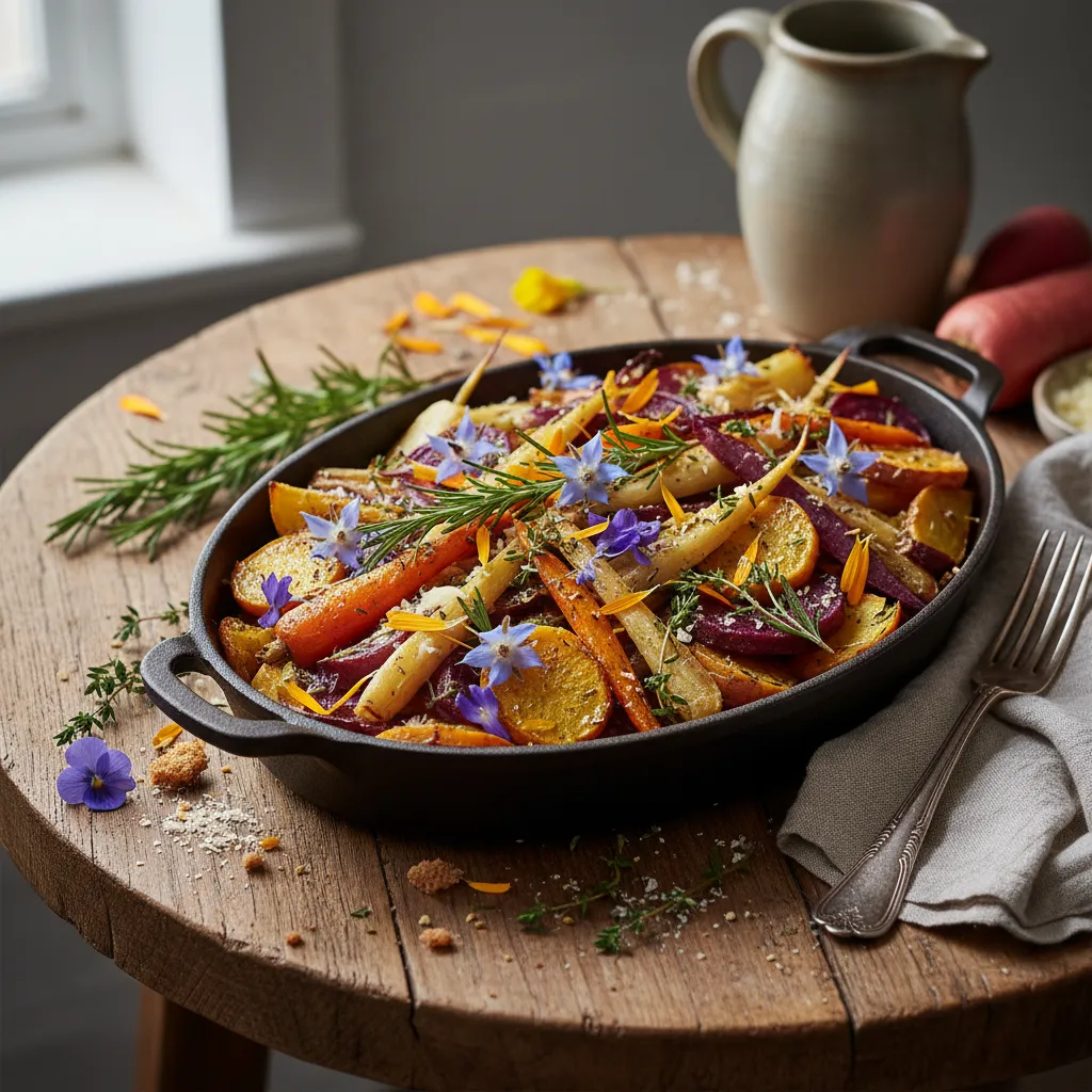 Savory Winter Root Vegetable and Edible Flower Bake