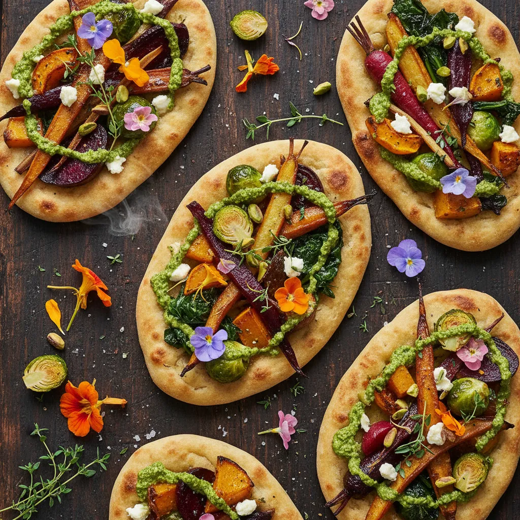 Savory Winter Veggie Flatbreads with Edible Flower Pesto
