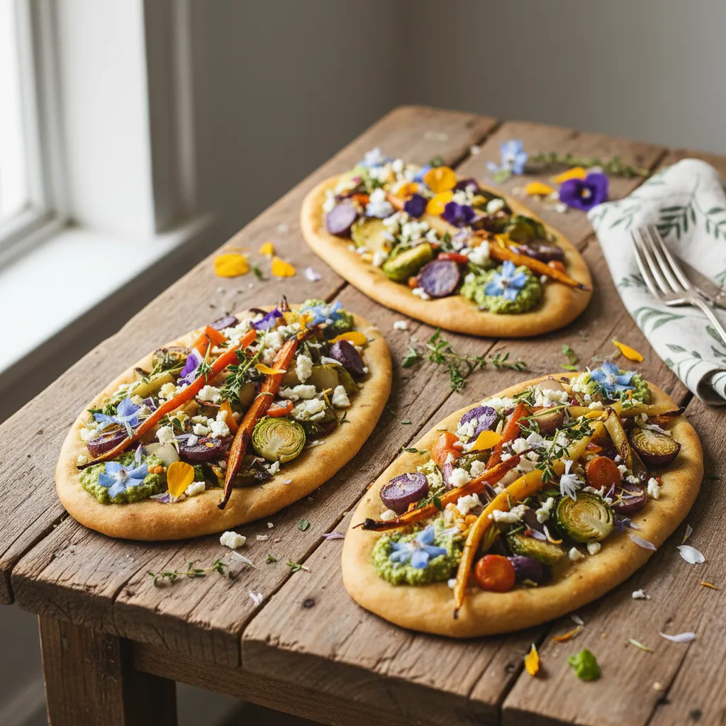 Savory Winter Veggie Flatbreads with Edible Flower Pesto
