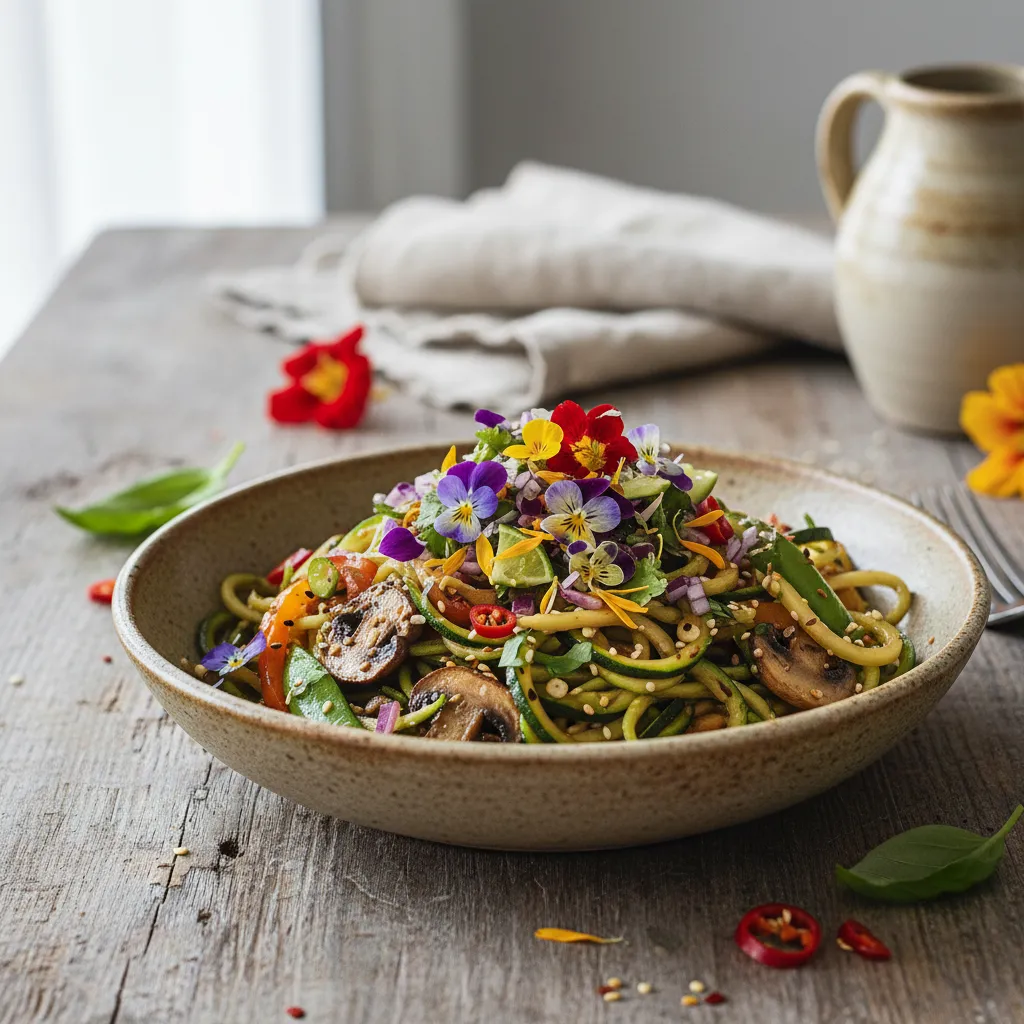 Savory Zucchini Noodle Stir-Fry with Edible Flower Salsa
