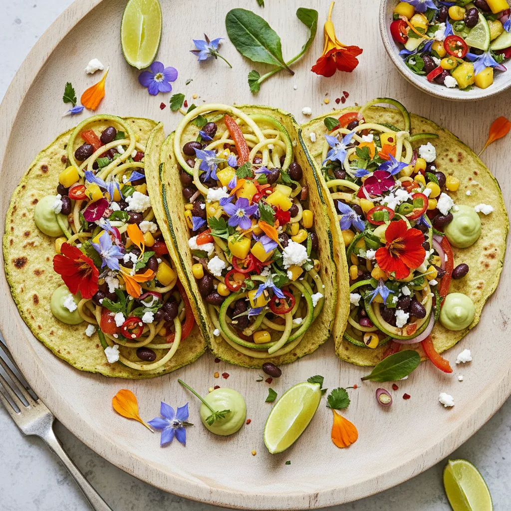 Savory Zucchini Noodle Tacos with Edible Flower Salsa