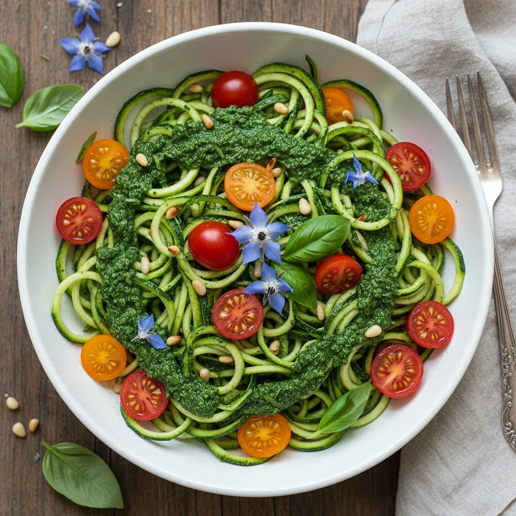 Savory Zucchini Noodles with Spirulina Pesto and Cherry Tomatoes