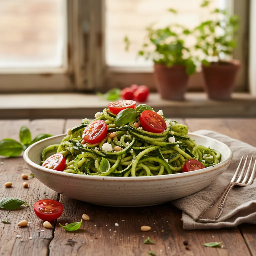 Savory Zucchini Noodles with Spirulina Pesto and Cherry Tomatoes