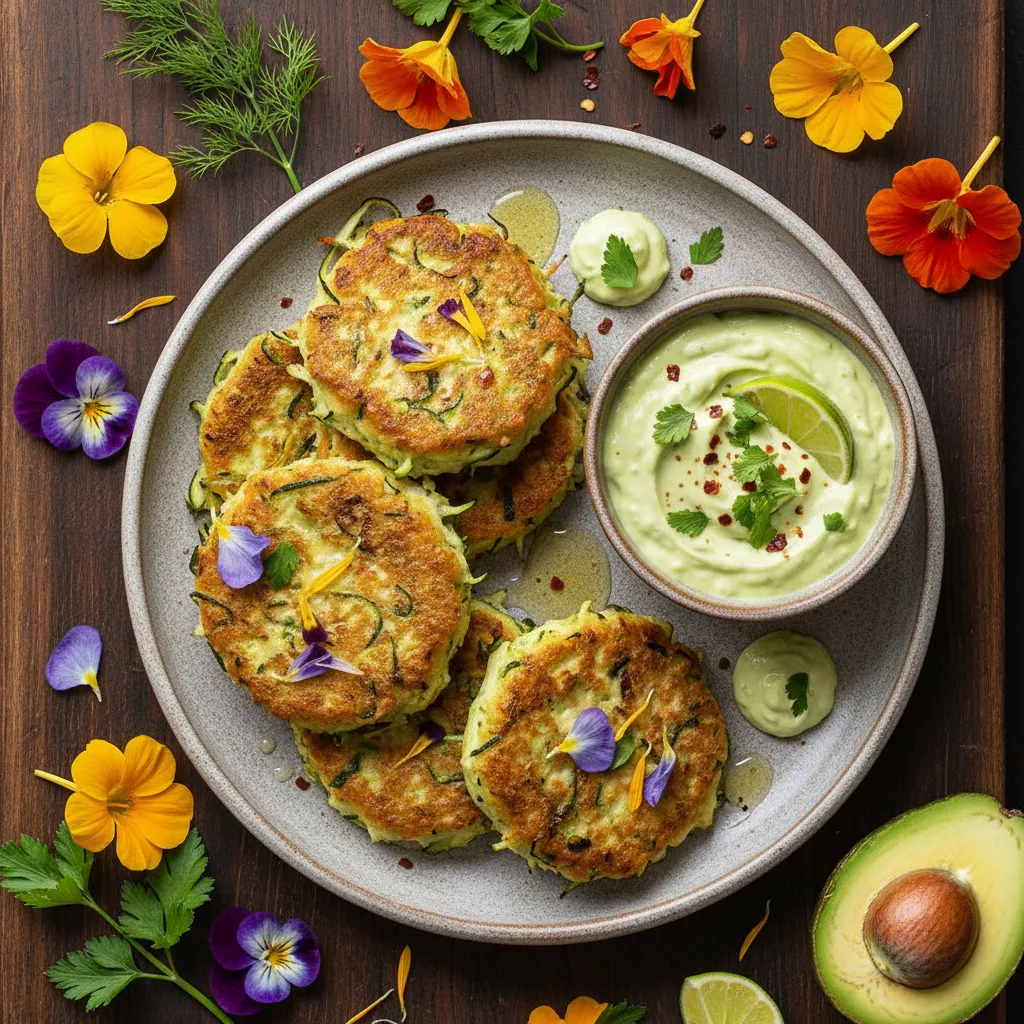 Savory Zucchini and Edible Flower Fritters with Spicy Avocado Dip