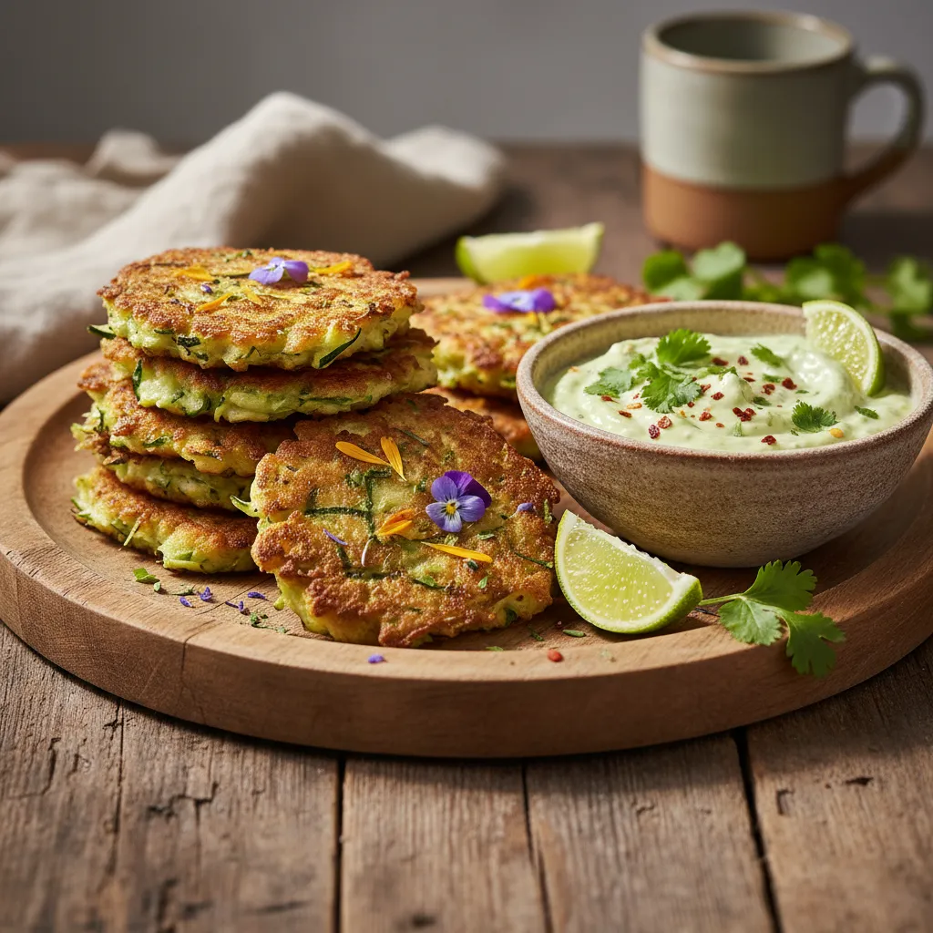 Savory Zucchini and Edible Flower Fritters with Spicy Avocado Dip