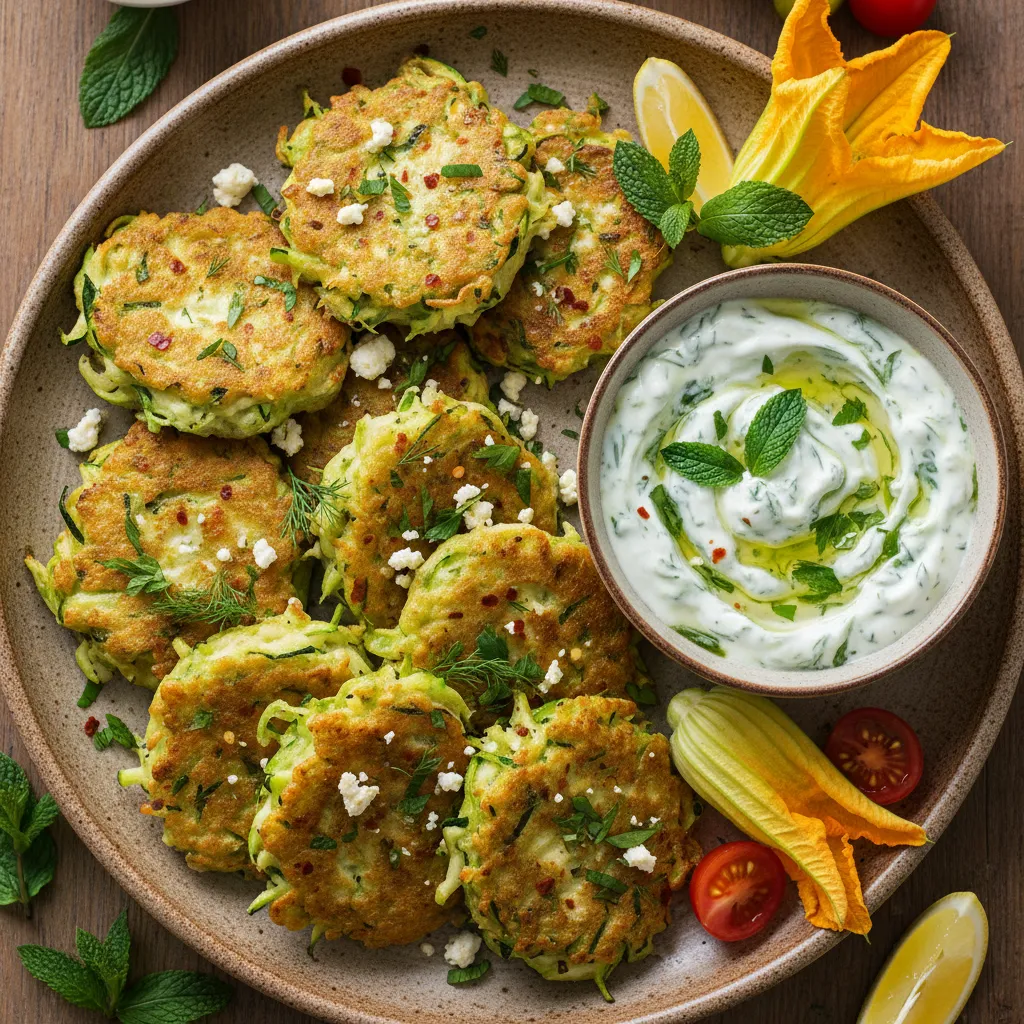 Savory Zucchini and Feta Blossoms Fritters with Mint Yogurt Dip