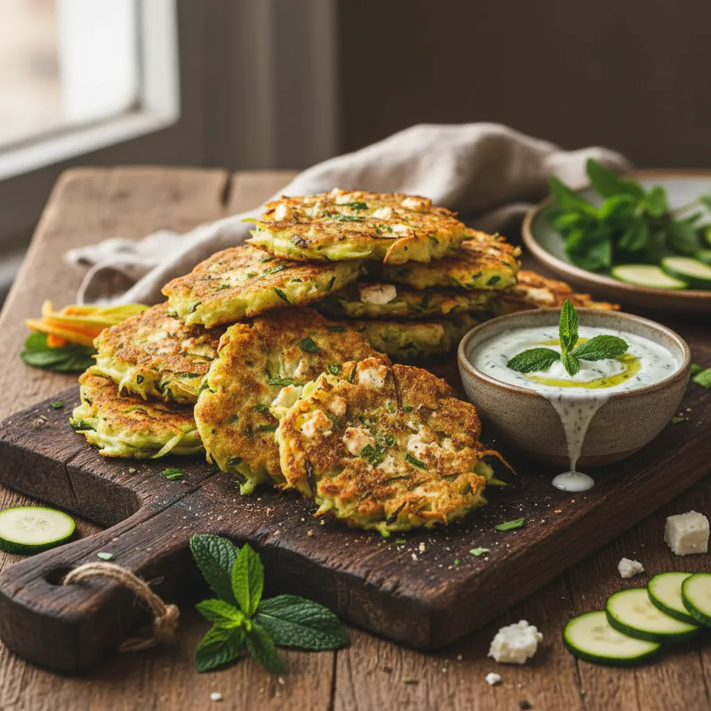 Savory Zucchini and Feta Blossoms Fritters with Mint Yogurt Dip