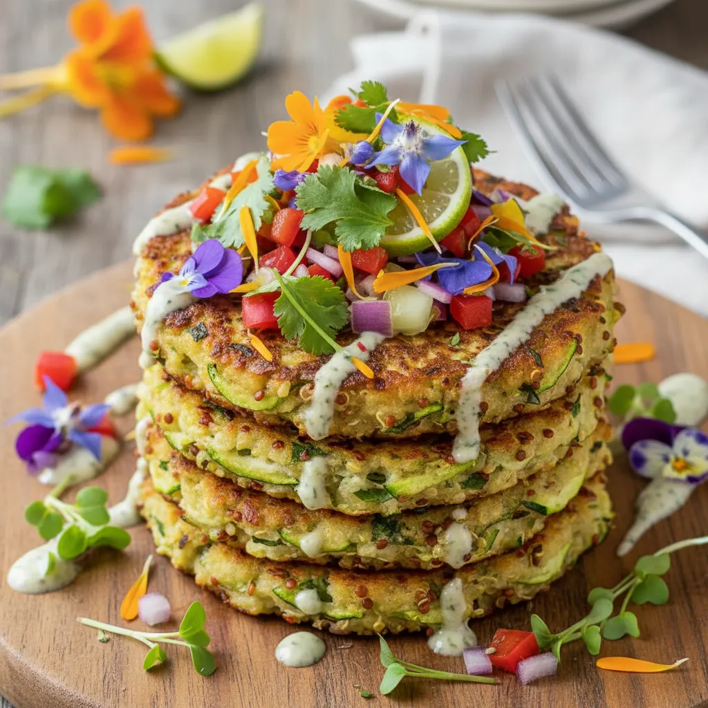 Savory Zucchini and Quinoa Fritter Stack with Edible Flower Salsa