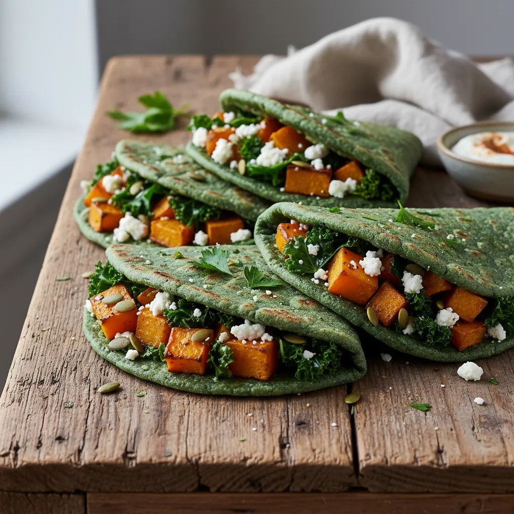 Savory butternut squash and kale stuffed spirulina flatbreads