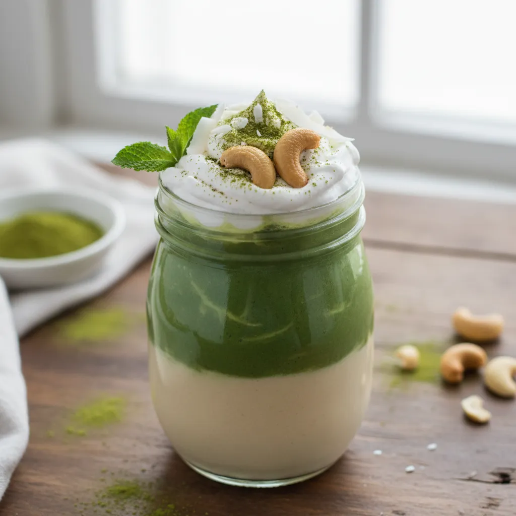 Silky Cashew and Matcha Green Smoothie with Coconut Whipped Cream