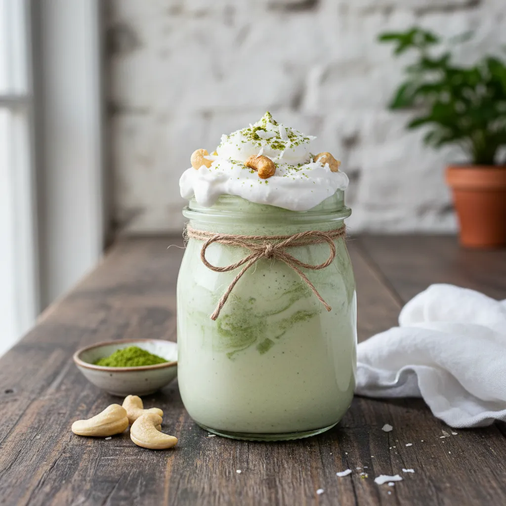 Silky Cashew and Matcha Green Smoothie with Coconut Whipped Cream