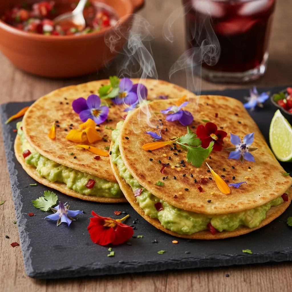 Sizzling Spiced Avocado and Edible Flower Quesadillas