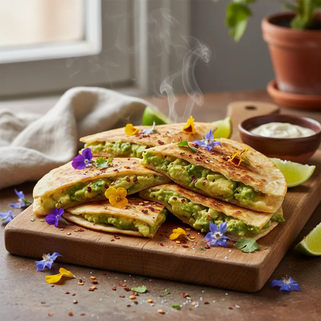 Sizzling Spiced Avocado and Edible Flower Quesadillas