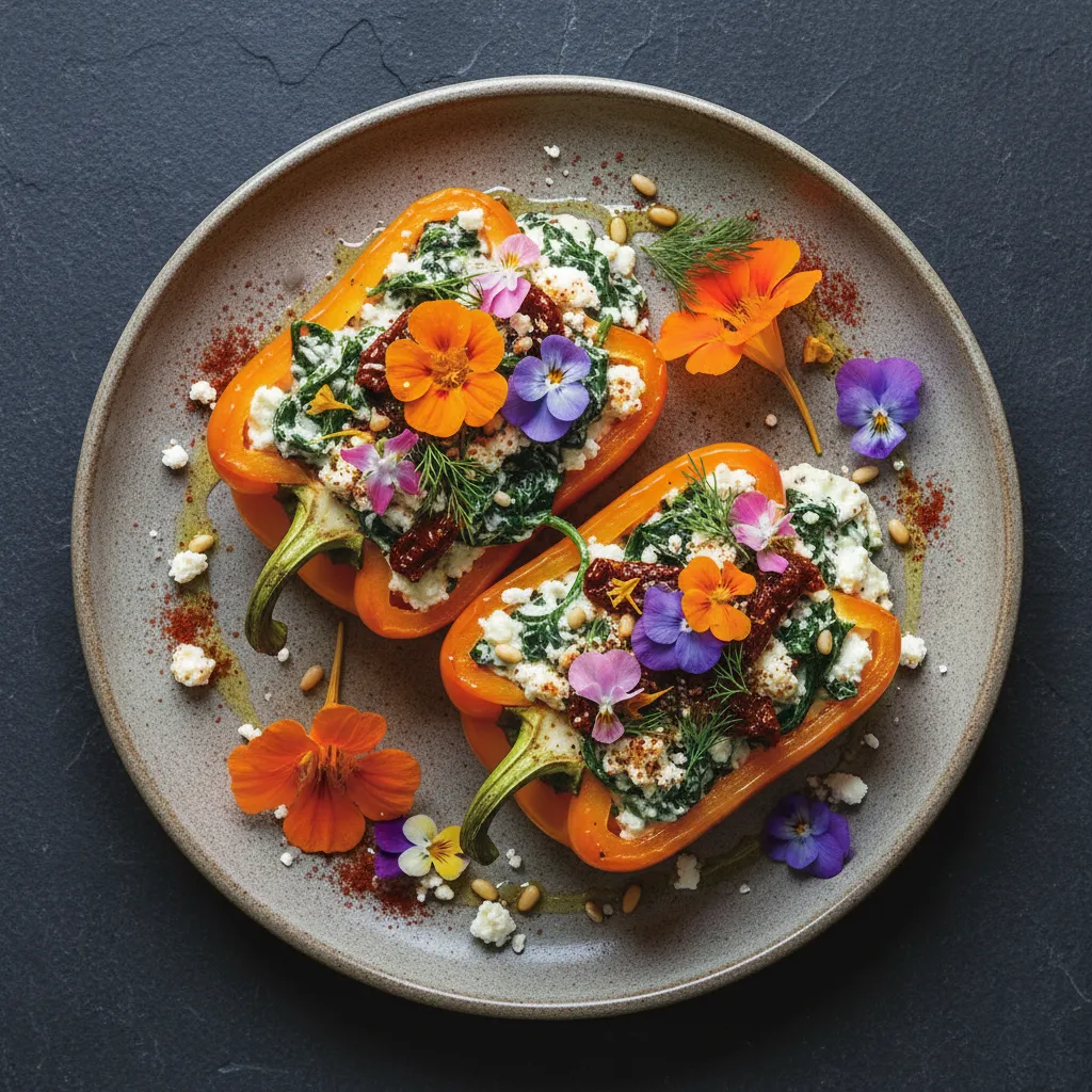 Smoky Spinach and Edible Flower Stuffed Peppers