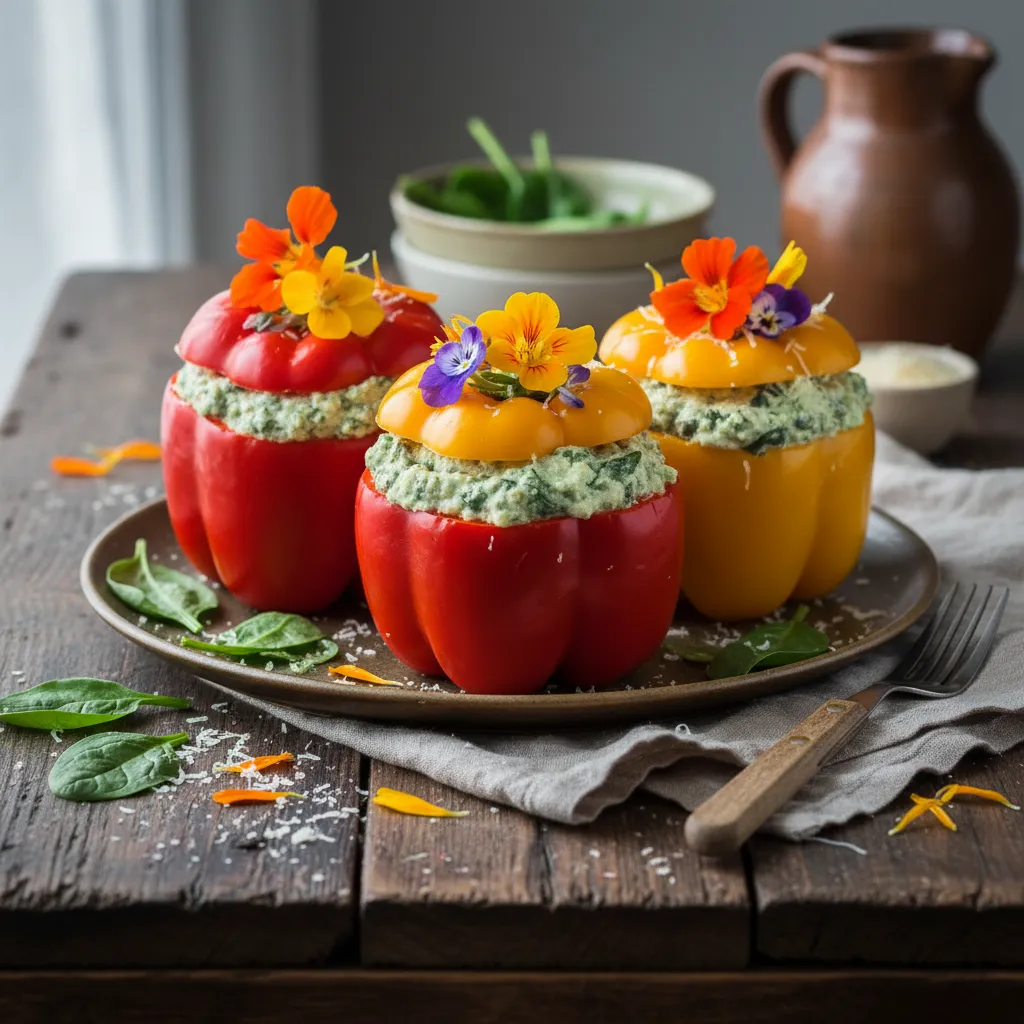 Smoky Spinach and Edible Flower Stuffed Peppers
