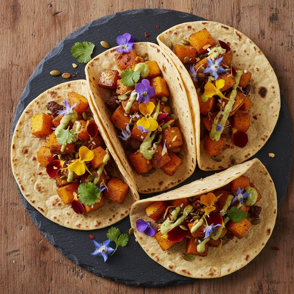 Spiced Autumn Squash and Edible Flower Tacos