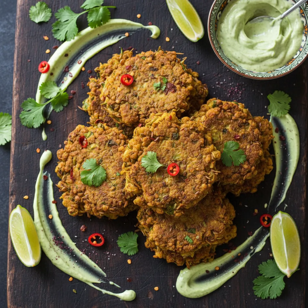 Spiced Cauliflower and Lentil Fritters with Avocado Lime Drizzle