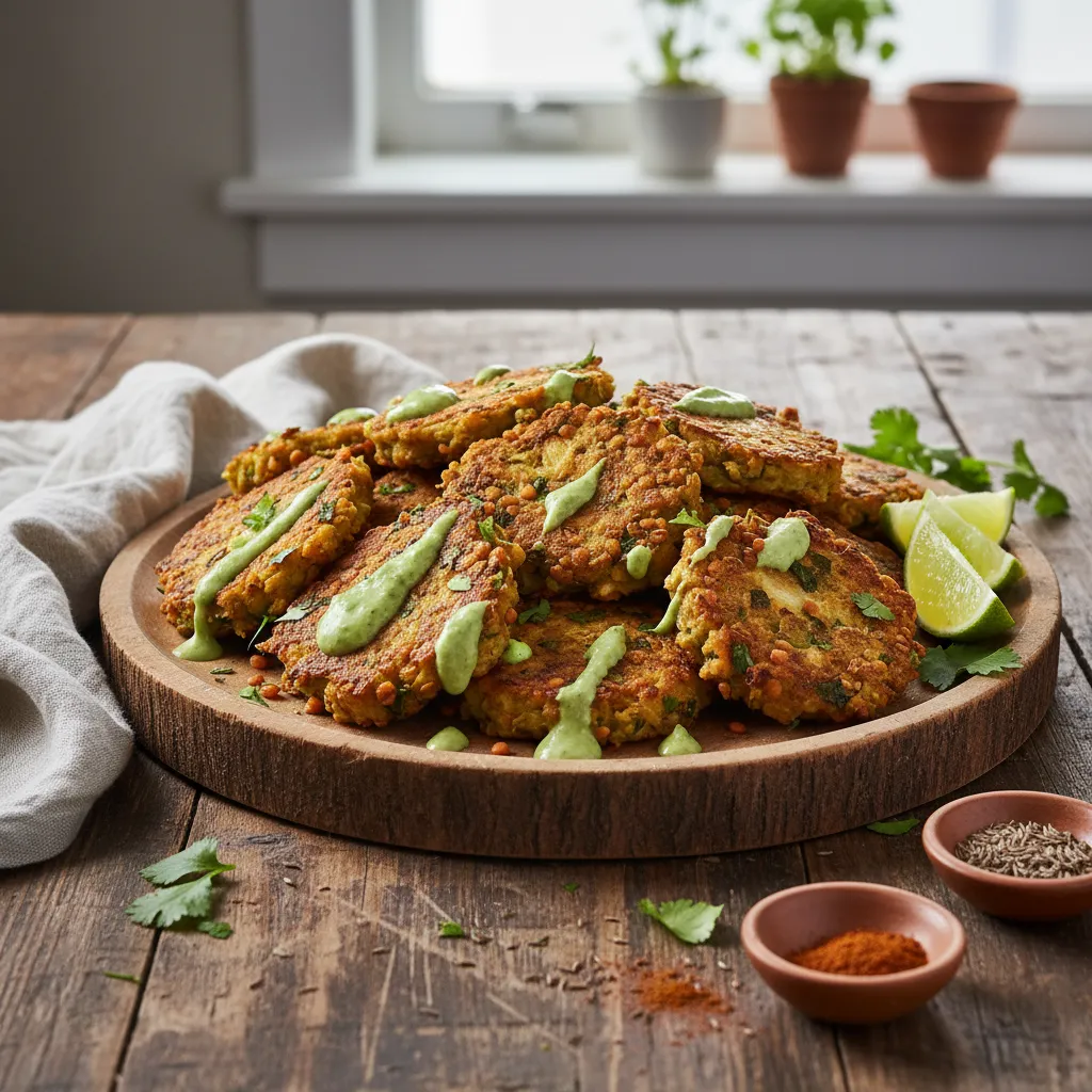 Spiced Cauliflower and Lentil Fritters with Avocado Lime Drizzle