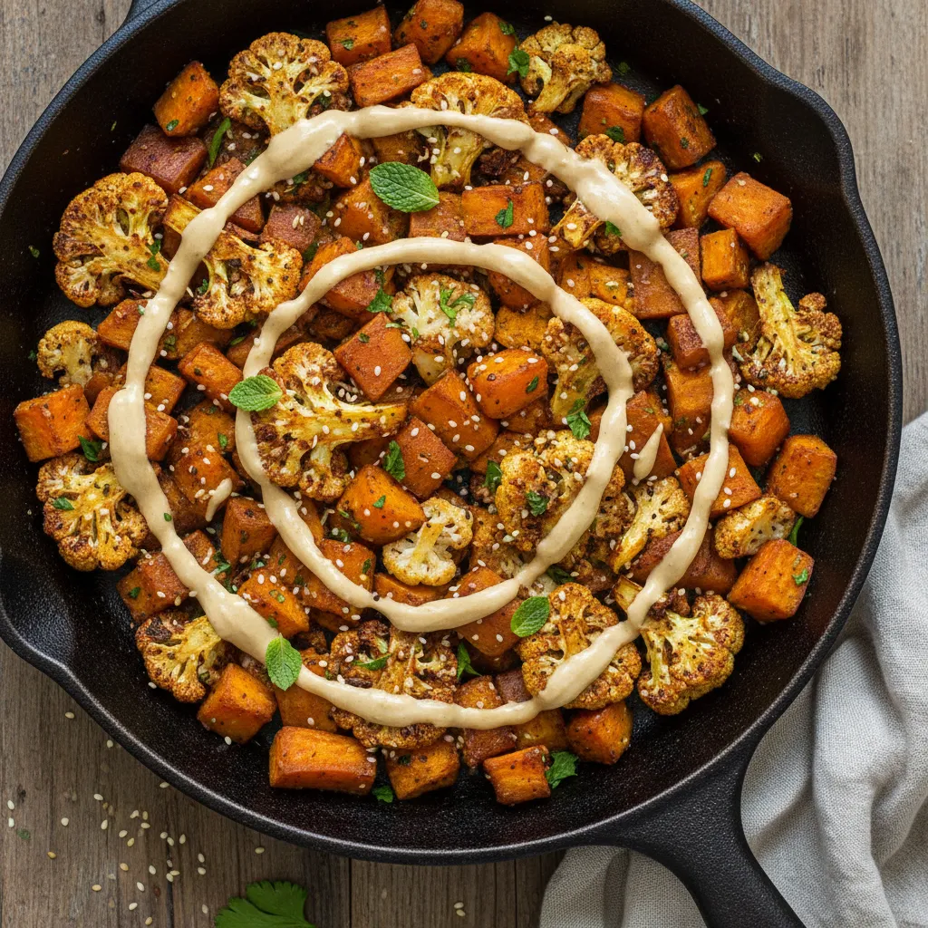 Spiced Cauliflower and Sweet Potato Skillet with Maple Tahini Drizzle