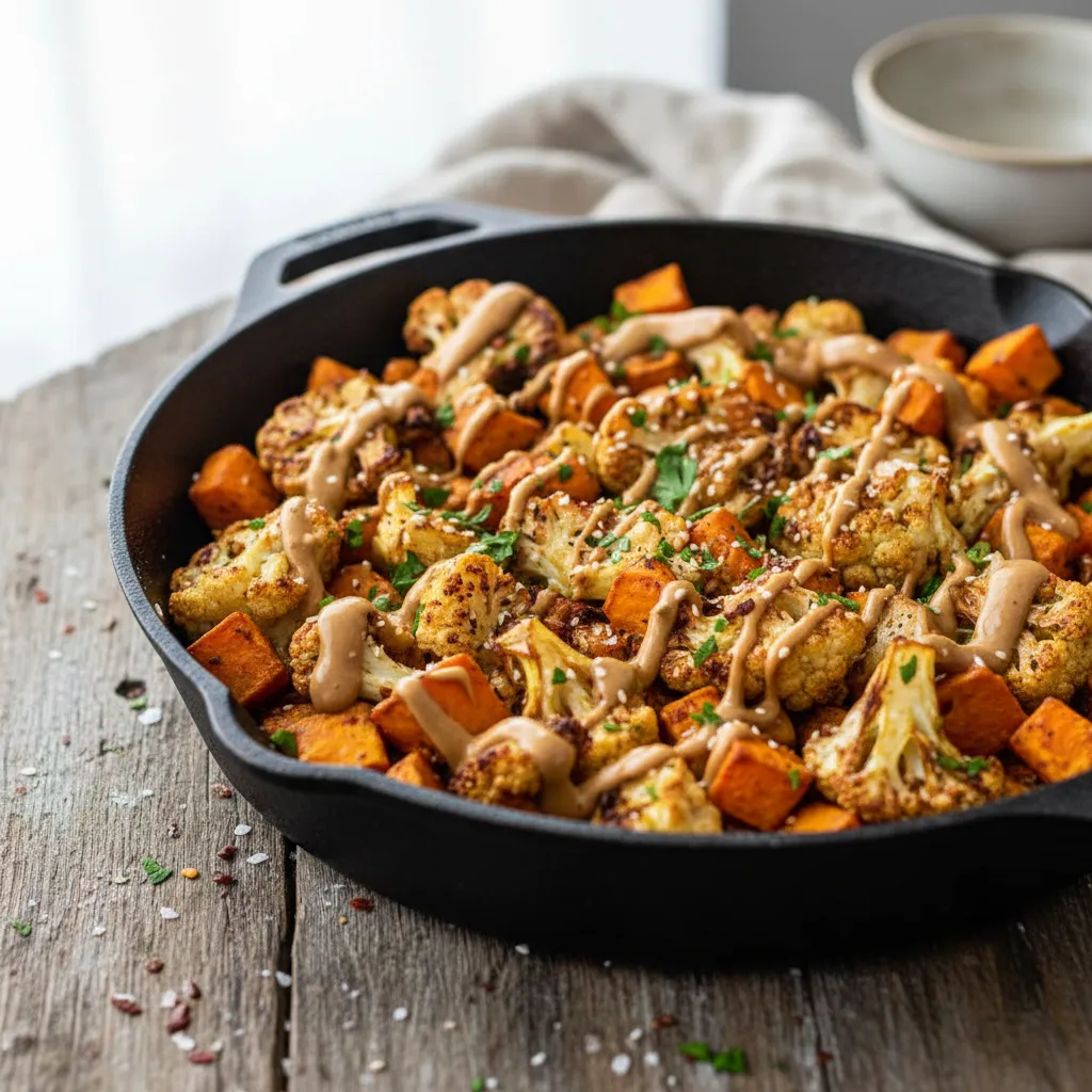 Spiced Cauliflower and Sweet Potato Skillet with Maple Tahini Drizzle