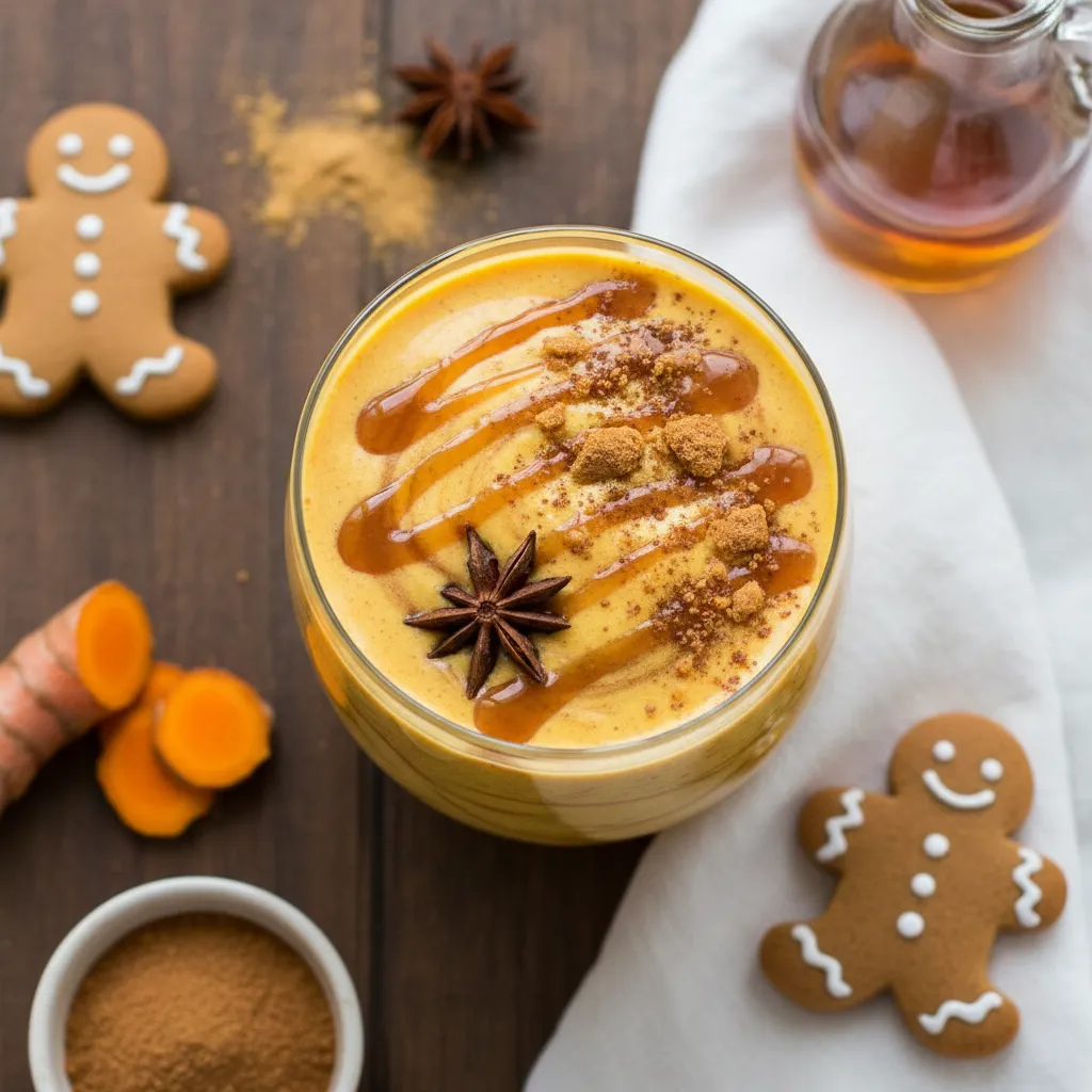 Spiced Gingerbread Turmeric Smoothie with a Maple Drizzle