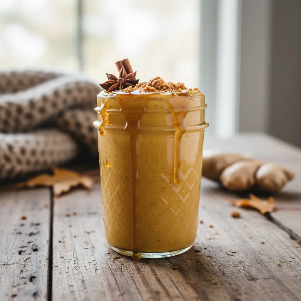 Spiced Gingerbread Turmeric Smoothie with a Maple Drizzle
