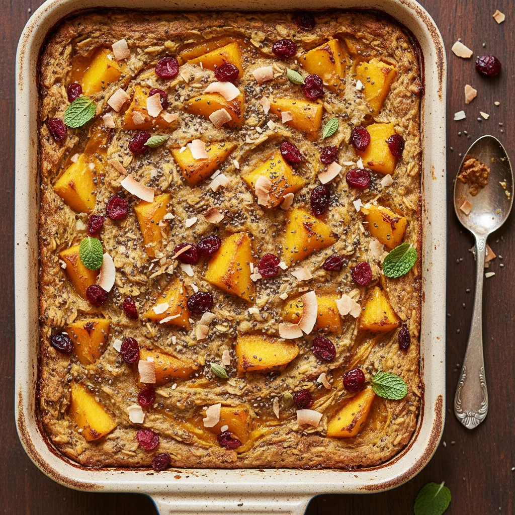 Spiced Mango Chia Oatmeal Bake