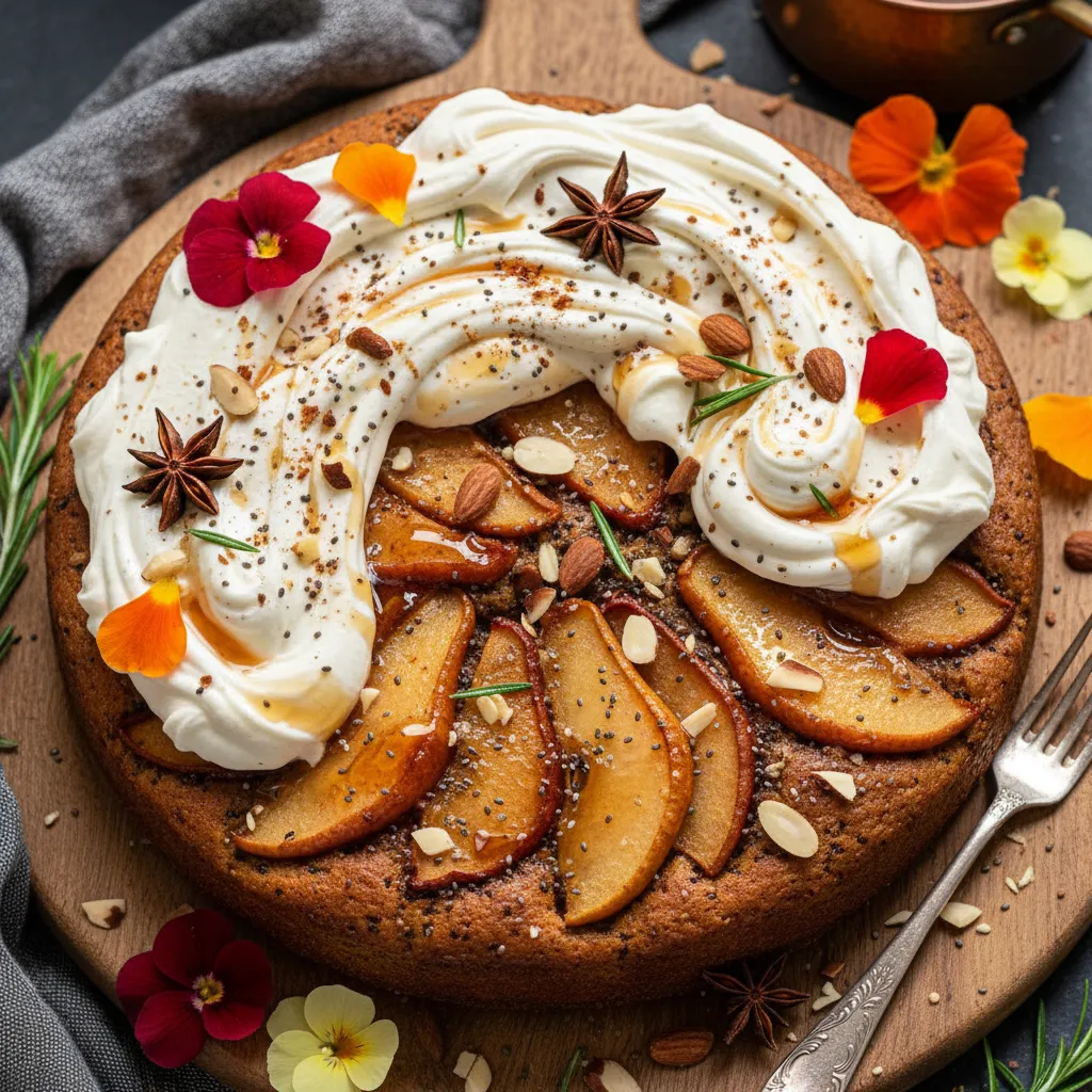 Spiced Maple Pear Chia Cake with Almond Cream