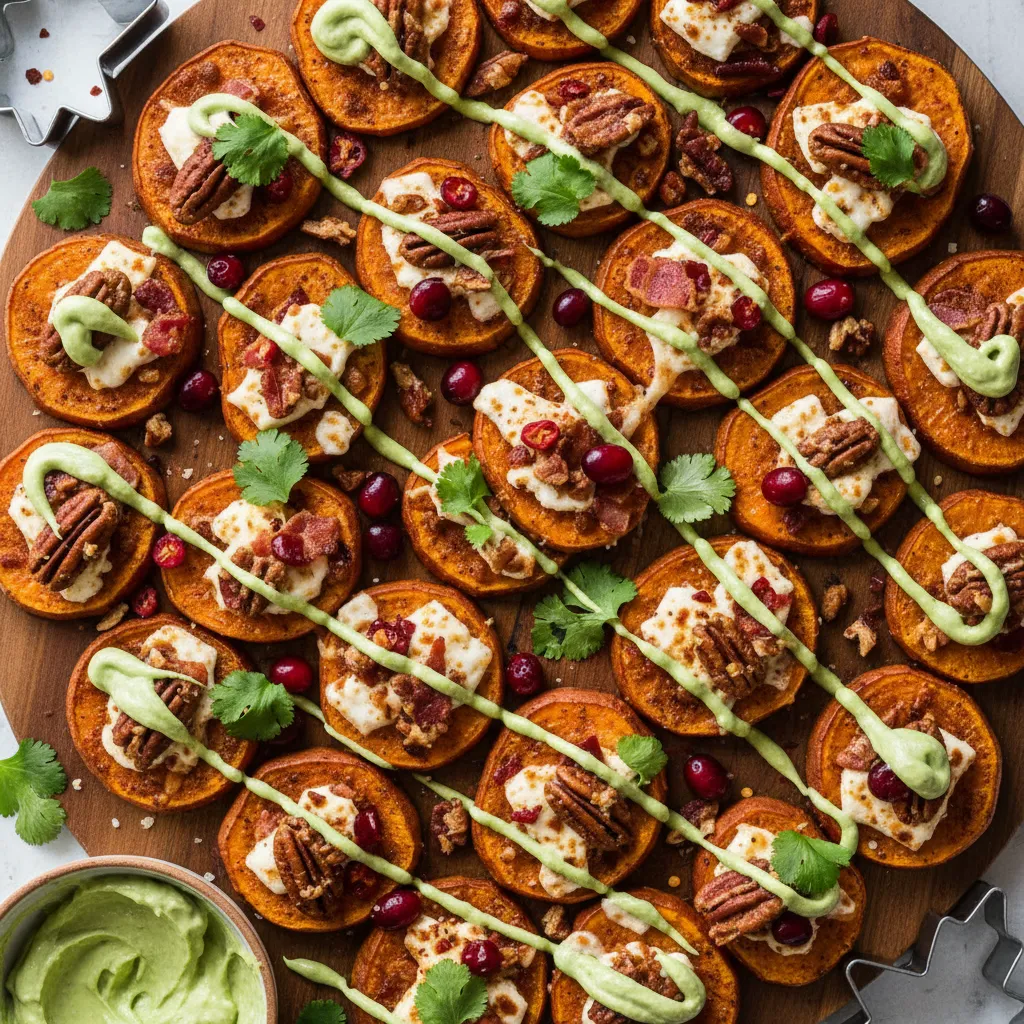 Spiced Maple Sweet Potato Nacho Bites with Avocado Drizzle