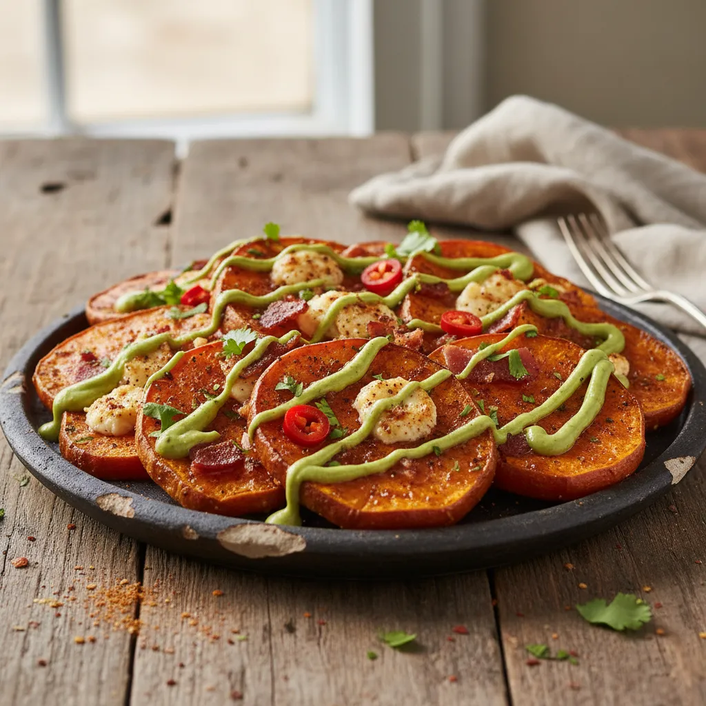 Spiced Maple Sweet Potato Nacho Bites with Avocado Drizzle