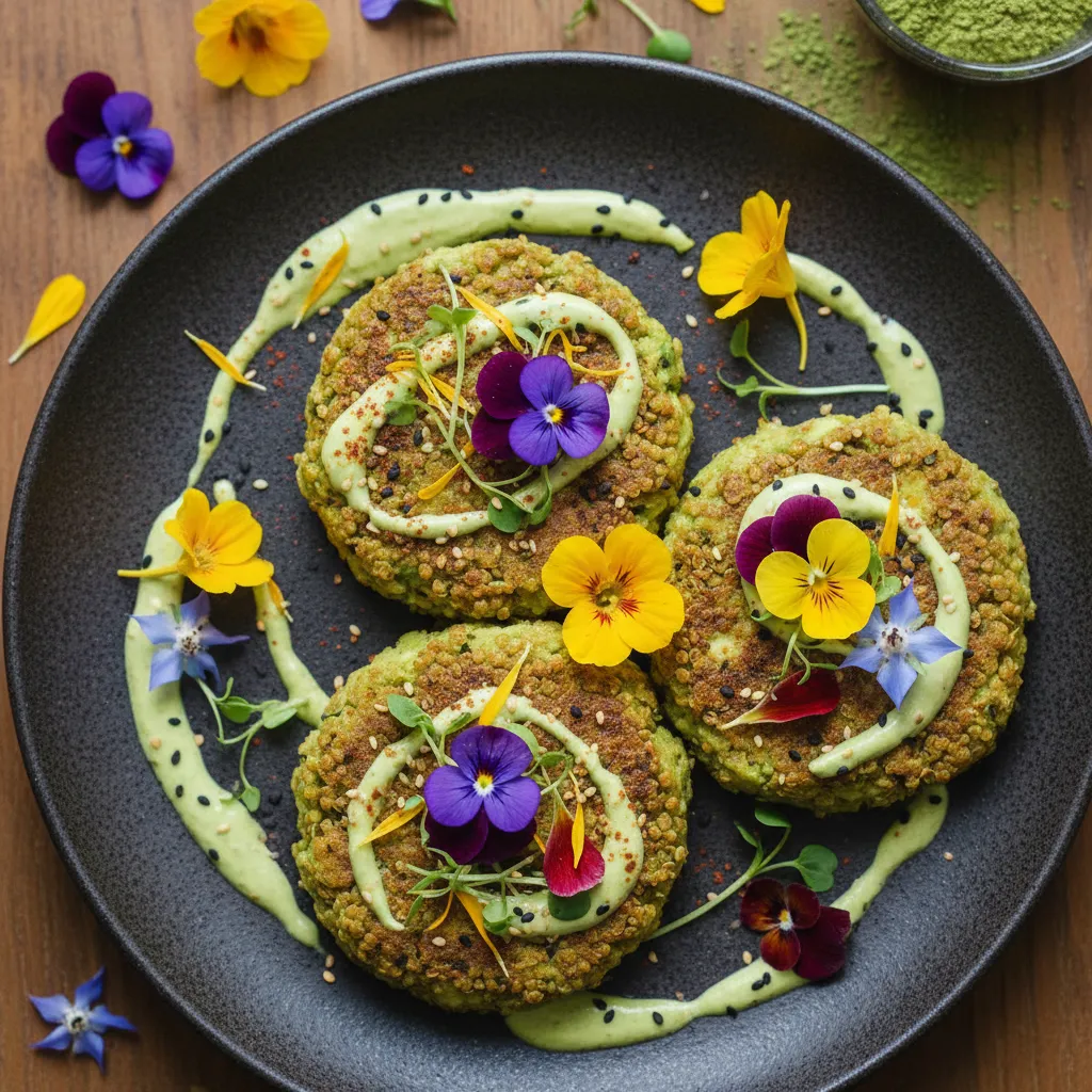 Spiced Matcha Avocado Quinoa Cakes with Edible Flowers