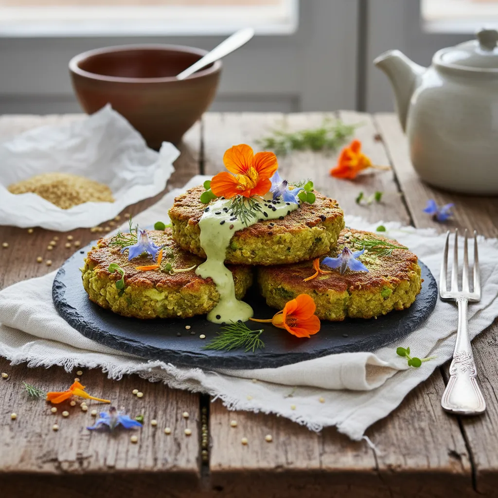 Spiced Matcha Avocado Quinoa Cakes with Edible Flowers
