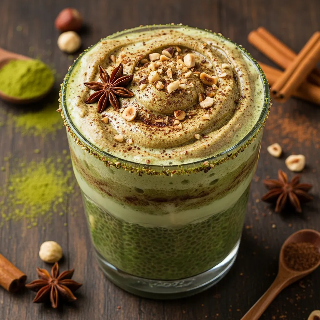 Spiced Matcha Chia Latte with Hazelnut Cream