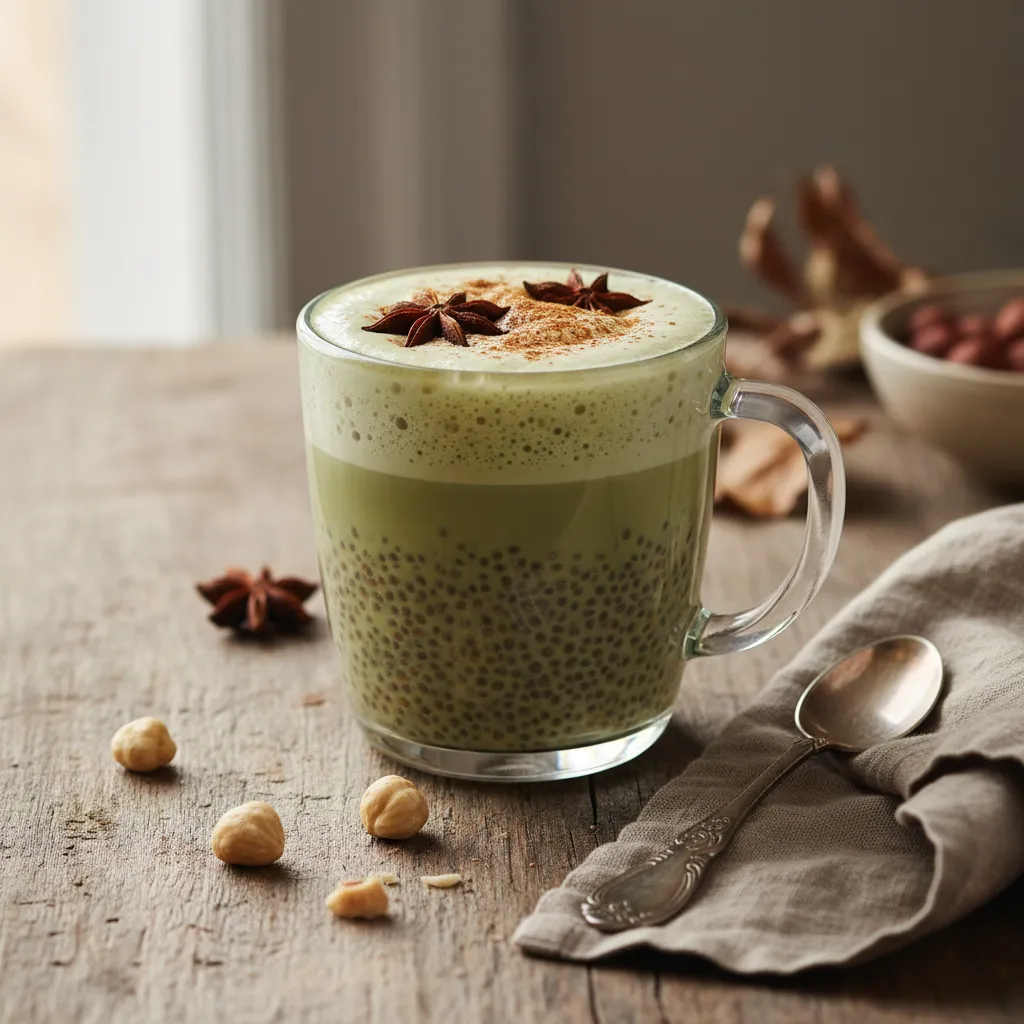 Spiced Matcha Chia Latte with Hazelnut Cream