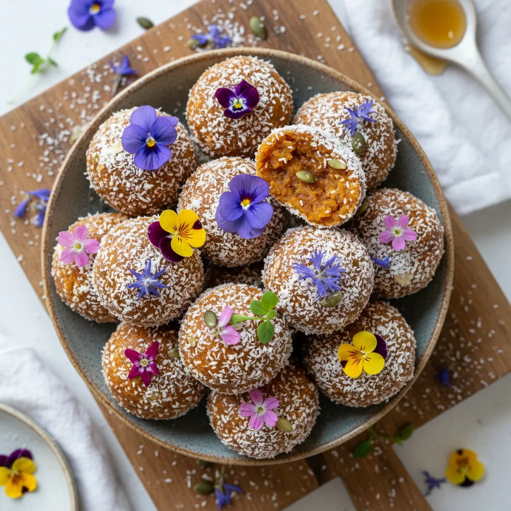 Spiced Persimmon and Coconut Energy Bites with Edible Flower Garnish