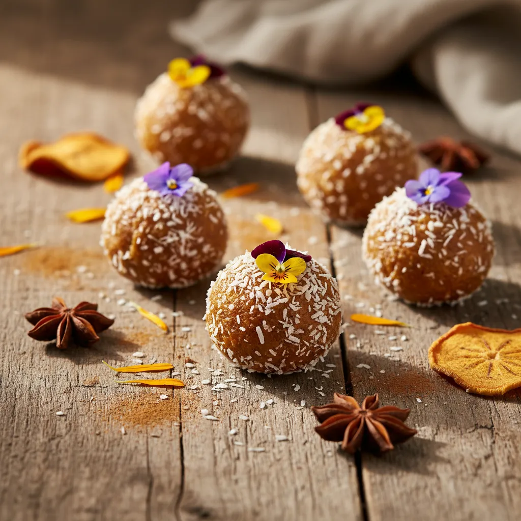 Spiced Persimmon and Coconut Energy Bites with Edible Flower Garnish