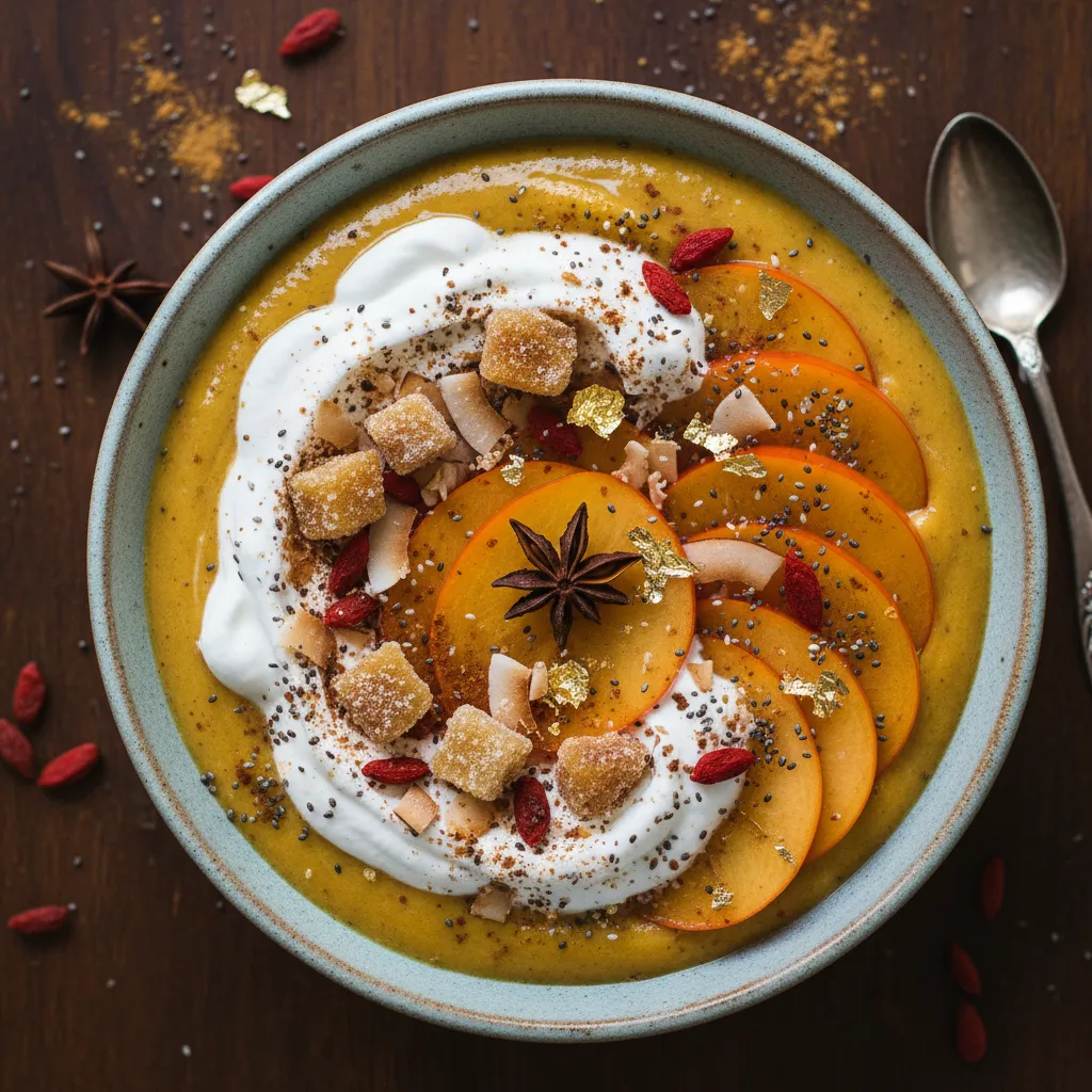 Spiced Persimmon and Ginger Turmeric Smoothie Bowl with Coconut Whip